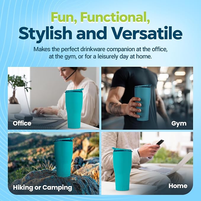 Silver Buffalo Double Walled Vacuum Insulated Stainless Steel Tumbler With Flip Top Lid Keeps Hot and Cold, Travel Coffee Mug Leakproof Lid, 30 Ounces, Matte Teal Blue
