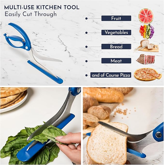 Blue Pizza Scissors - Non-Stick Pizza Scissors with Firm Grip Base - Food Grade Stainless Steel Pizza Cutter - 5-in-1 Food Slicer & Pizza Server - Durable, Safe & Mess Free