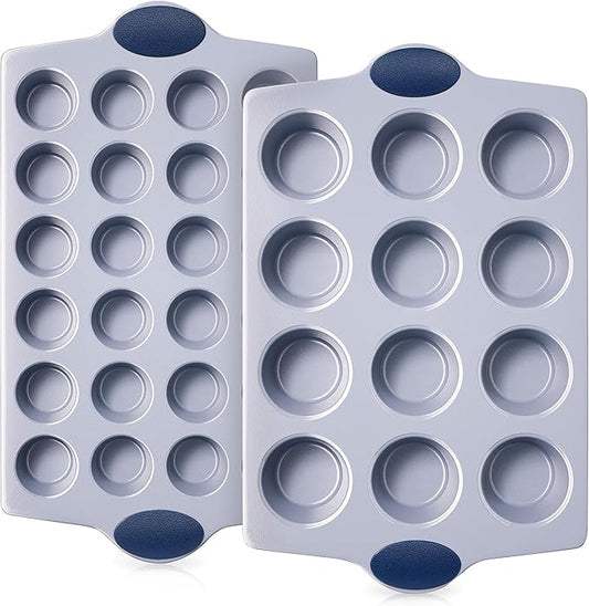 BRONYPRO 2-Pack 12 Cup and Mini 24 Cup Non Toxic Nonstick Ceramic Muffin Pan & Cupcake Tin, PFOA & PTFE Free, Heavy Duty Rust-Resistant Aluminized Steel, Oven Safe, Blue