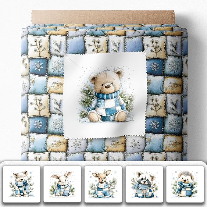 Winter Animals Patchwork Quilting Fabric Panel – 6× (10×10 inch) Blocks + Bonus Patchwork Sheet 29.5×19.6 inch, 100% Cotton 140 GSM, Cozy Blue & Cream Woodland Theme