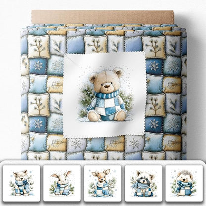 Winter Animals Patchwork Quilting Fabric Panel – 6× (10×10 inch) Blocks + Bonus Patchwork Sheet 29.5×19.6 inch, 100% Cotton 140 GSM, Cozy Blue & Cream Woodland Theme