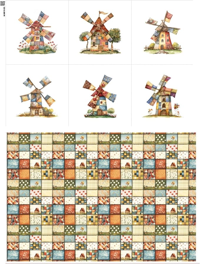 Patchwork Fabric Panel with Windmill Designs – 100% Cotton Satin, 6 Printed Panels 10”×10” + Patchwork Sheet 29.5”×19.7”, Single Continuous Cloth for Quilting & Sewing