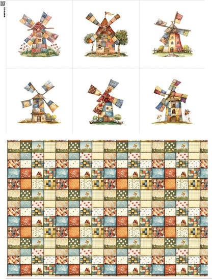 Patchwork Fabric Panel with Windmill Designs – 100% Cotton Satin, 6 Printed Panels 10”×10” + Patchwork Sheet 29.5”×19.7”, Single Continuous Cloth for Quilting & Sewing