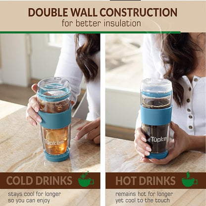 Double Wall Glass Tumbler - 14-Ounce, All Glass Reusable Insulated Tea/Coffee Mug & Lid, Hand Blown Travel Mug - Niagara