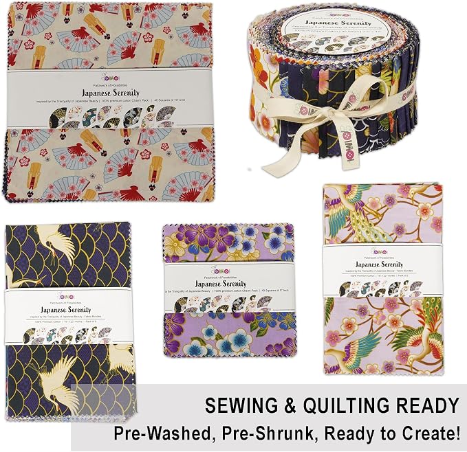 Soimoi 40 Pcs 10 x 10 inches Quilting Fabric Bundles Precut, DIY Cotton Fabric Squares, Printed Layer Cakes Patchwork Materials for Crafts Cloths Decor,Charm Squares for Quilts- Japanese Serenity
