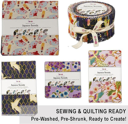 Soimoi 40 Pcs Cotton Fabric Squares Bundles Charm Packs for Quilting, Fat Quarter Layer Cakes, Precuts Quilt Squares 5 x 5 inches, DIY Fabric Bundle - Japanese Serenity