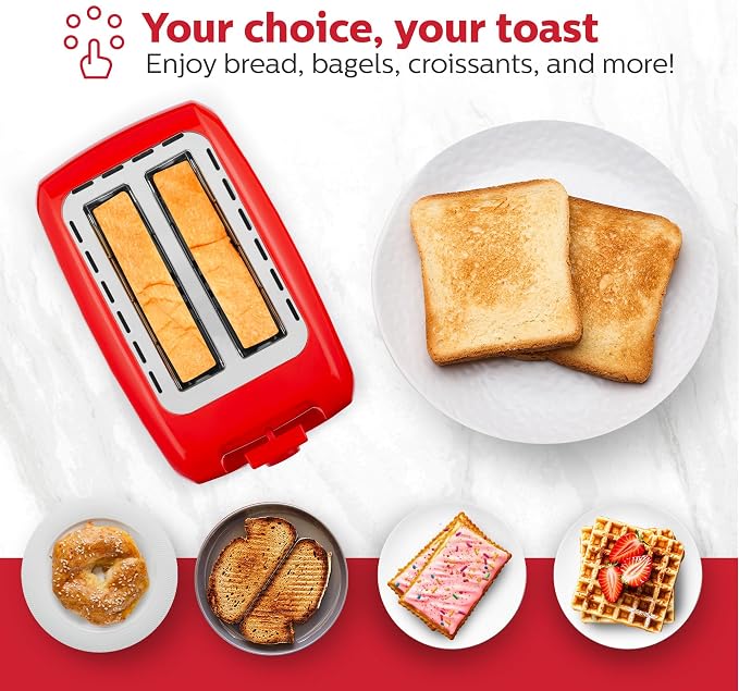 Holstein Housewares 2-Slice Toaster with 7 Browning Settings, Extra-Wide Slots, Reheat, Defrost, Cancel, High-Lift Release, Removable Crumb Tray – Compact Stainless Steel, Red