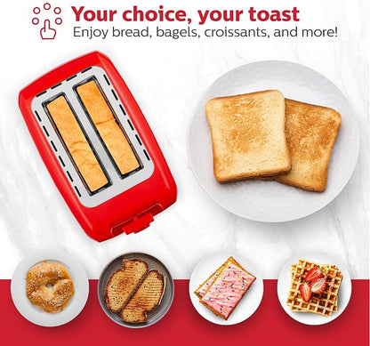 Holstein Housewares 2-Slice Toaster with 7 Browning Settings, Extra-Wide Slots, Reheat, Defrost, Cancel, High-Lift Release, Removable Crumb Tray – Compact Stainless Steel, Red
