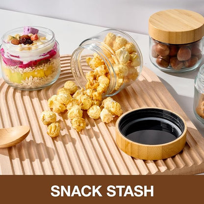 Hoa Kinh 9oz 12Pack Glass Food Storage Jars with Lids, Leak Proof Small Glass Jars for Overnight Oats, Cereal, Empty Jar with Woodgrain Lids for Kitchen