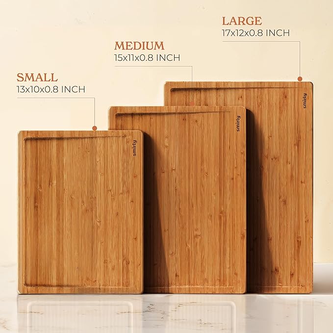 SMIRLY Bamboo Cutting Boards for Kitchen - Wood Cutting Board for Meal Prep, Serving, Charcuterie - Kitchen Gadgets, House Warming Gifts - Wooden Chopping Board Set of 3 - Brown Bamboo