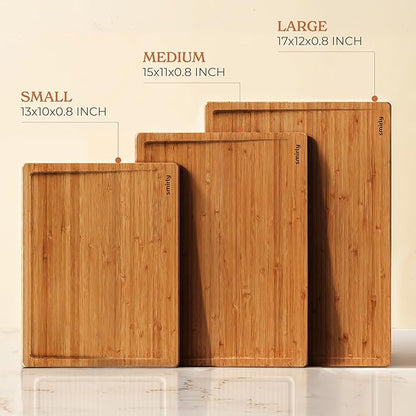 SMIRLY Bamboo Cutting Boards for Kitchen - Wood Cutting Board for Meal Prep, Serving, Charcuterie - Kitchen Gadgets, House Warming Gifts - Wooden Chopping Board Set of 3 - Brown Bamboo