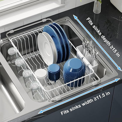 JASIWAY White Dish Drying Rack in Sink, Expandable Stainless Steel Dish Drainers for Kitchen Counter, Dish Dryer Rack for Inside Sink, Over The Sink Dish Racks with Utensil Holder