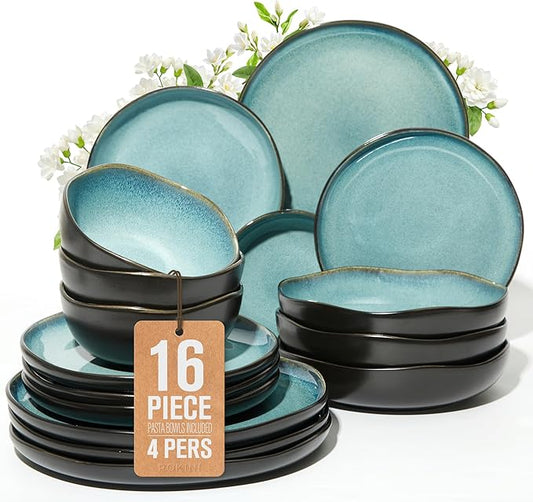 Pokini Plates and Bowls Sets, 16 Pieces Dinnerware Set for 4 with Pasta Bowls, Handmade Dishes Set, Chip Resistant Dishware Sets, Microwave Safe Dinner Set, Designed for Interactive Meals, Green Black