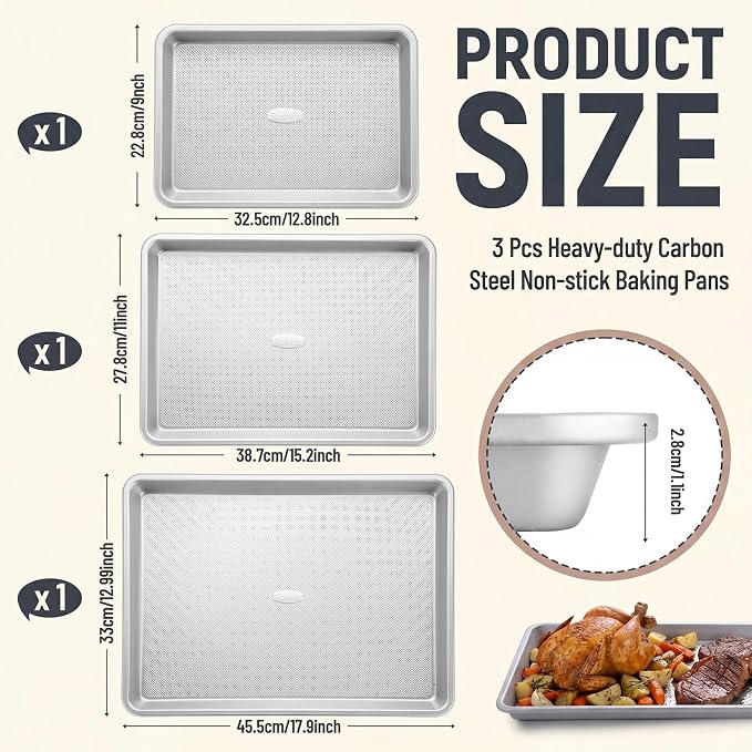 Roshtia 3 Packs Non Stick Baking Pan Set, Heavy-gauge Carbon Steel 13 Inch 15 Inch 18 in Commercial Home Baking Sheet Pans Cookie Sheets, Half/quarter Pans for Oven