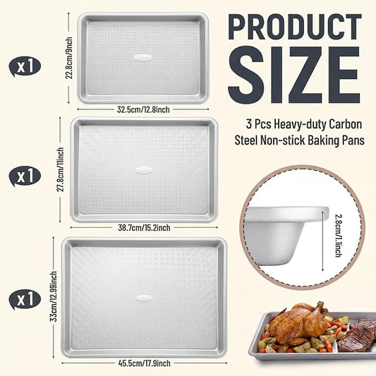 Roshtia 3 Packs Non Stick Baking Pan Set, Heavy-gauge Carbon Steel 13 Inch 15 Inch 18 in Commercial Home Baking Sheet Pans Cookie Sheets, Half/quarter Pans for Oven