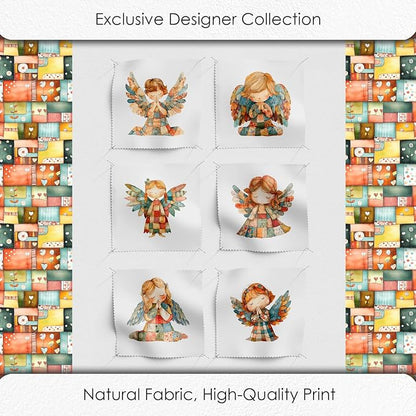 ‍ Patchwork Angel Cotton Fabric Panel – 6 Designs (10×10 inch Each) + Bonus Sheet 29.5×19.6 inch, 100% Cotton 140 GSM, Made in Türkiye