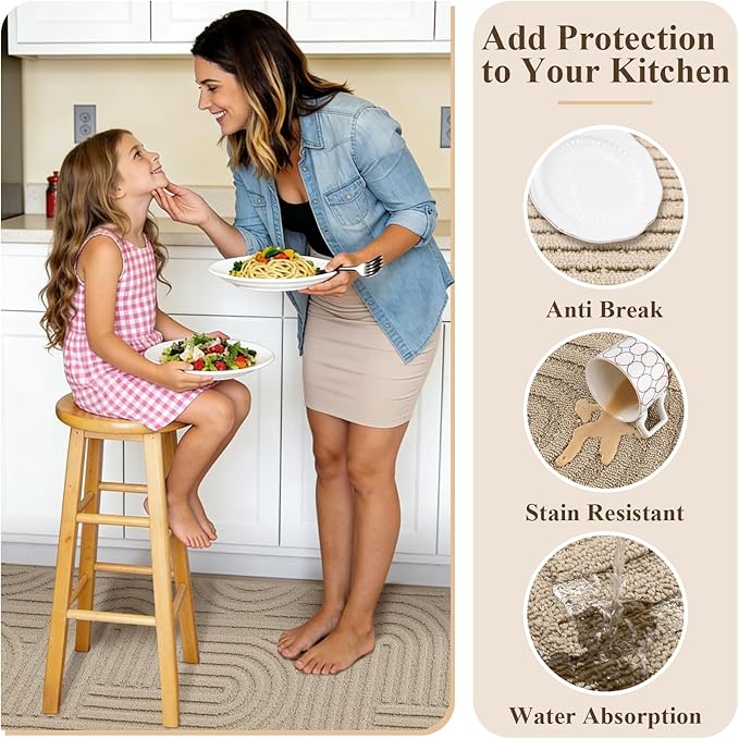 U'Artlines Kitchen Rugs and Mats Set of 3, Non Skid Washable Beige Geometric Kitchen Mats for Floor, Absorbent and Stain Resistant Floor Mat for Laundry, Sink Decor 20x32+20x48+20x59