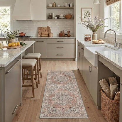 GENIMO Kitchen Rug Sets of 2, Non-Slip Washable Low-Pile Kitchen Mats for Floor, Waterproof Kitchen Runner Rug, for Hallway, Laundry, Sink, Entryway, Bathroom, 20"x32"+20"x48", Taupe Red