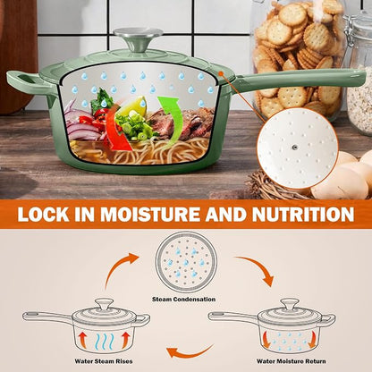 Homikit 3 Quart Saucepan with Lid, Enameled Cast Iron Sauce Pan Cooking Pot for Soup, Milk, Pasta, Nonstick Enamel Dutch Oven for All Cooktops, Heat Resistant Up to 500°F, Sage Green
