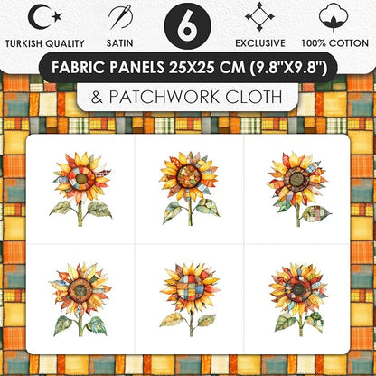 Patchwork Sunflower Cotton Fabric Panel – Six 10×10 inch Designs + Bonus 29.5×19.6 inch Patchwork Sheet, 100% Turkish Cotton 140 GSM