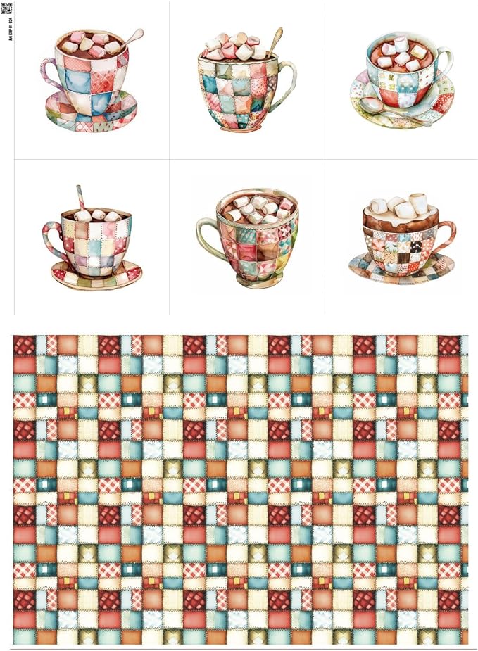 Patchwork Hot Cocoa Cotton Fabric Panel – 6 Designs (10×10 inch Each) + Bonus Sheet 29.5×19.6 inch, 100% Cotton 140 GSM, Made in Türkiye