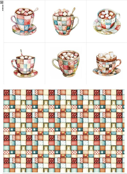 Patchwork Hot Cocoa Cotton Fabric Panel – 6 Designs (10×10 inch Each) + Bonus Sheet 29.5×19.6 inch, 100% Cotton 140 GSM, Made in Türkiye