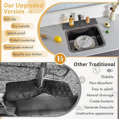 Faucet Mat for Kitchen Sink, 16'' Diatomite Sink Protector Splash Guard Draining Mat, Quick Drying Stone Sink Tray, Water Absorbent Soap Sponge Holder for Bathroom, Women Men Birthday Gift, Dark Gray