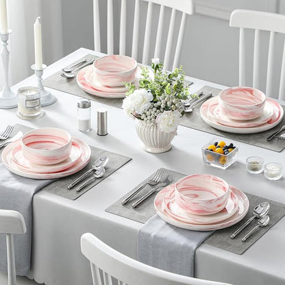 MALACASA Plates and Bowls Sets, 12 Pieces Porcelain Dinnerware Sets Dishware Sets Chip Resistant Ceramic Dish Set Dining Dinner Ware Service for 4, Marble Pink, Series LUNA