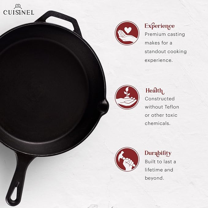Cuisinel Pre-Seasoned Cast Iron Skillet 2-Piece Set (10-Inch and 12-Inch) Oven Safe Cookware - 2 Heat-Resistant Holders - Indoor and Outdoor Use - Grill, Stovetop, Induction Safe