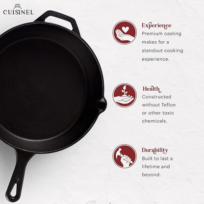 Cuisinel Pre-Seasoned Cast Iron Skillet 2-Piece Set (10-Inch and 12-Inch) Oven Safe Cookware - 2 Heat-Resistant Holders - Indoor and Outdoor Use - Grill, Stovetop, Induction Safe