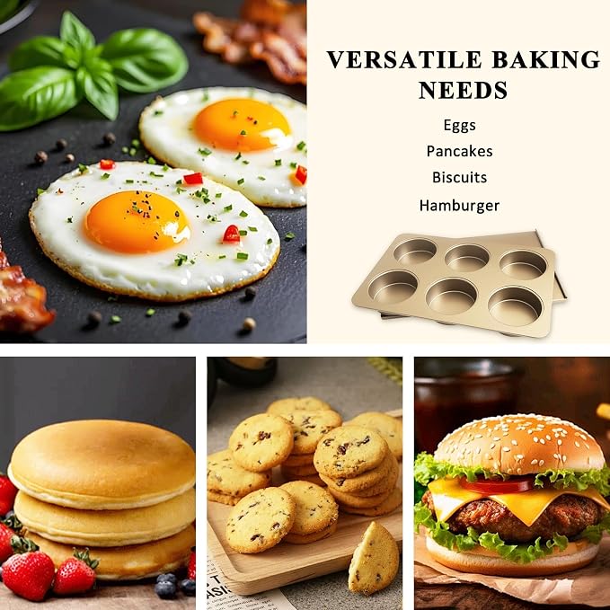 6-Cup English Muffin Pan with Sliding Lid, 3.35" Cavities Nonstick Carbon Steel Baking Pan for Homemade English Muffins, 2-in-1 Breakfast Sandwiches, Hamburger Buns and Mini Quiches