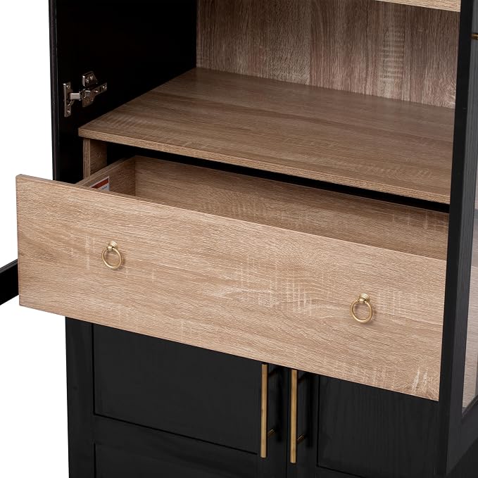 VilroCaz 71" Tall Arched Kitchen Pantry with Glass Doors and a Large Drawer, Farmhouse Kitchen Storage Cabinet with Open & Adjustable Shelves, Cupboard for Dining Room (Black-6.4)
