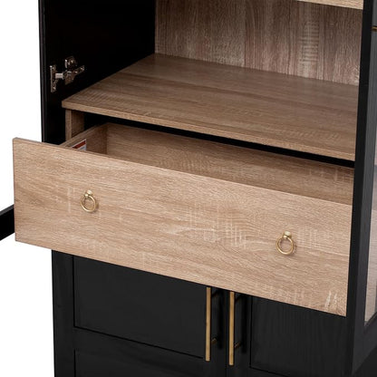 VilroCaz 71" Tall Arched Kitchen Pantry with Glass Doors and a Large Drawer, Farmhouse Kitchen Storage Cabinet with Open & Adjustable Shelves, Cupboard for Dining Room (Black-6.4)