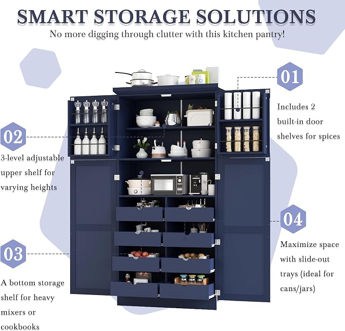 VilroCaz Freestanding Kitchen Pantry Tall Storage Cabinet, Wooden Kitchen Organizers with 4 Doors, 2 Door Shelves, 8 Pull-Out Trays and Adjustable Shelf for Dining Room Living Room (Blue-8.5)