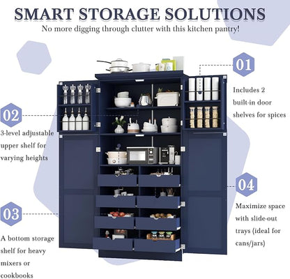 VilroCaz Freestanding Kitchen Pantry Tall Storage Cabinet, Wooden Kitchen Organizers with 4 Doors, 2 Door Shelves, 8 Pull-Out Trays and Adjustable Shelf for Dining Room Living Room (Blue-8.5)