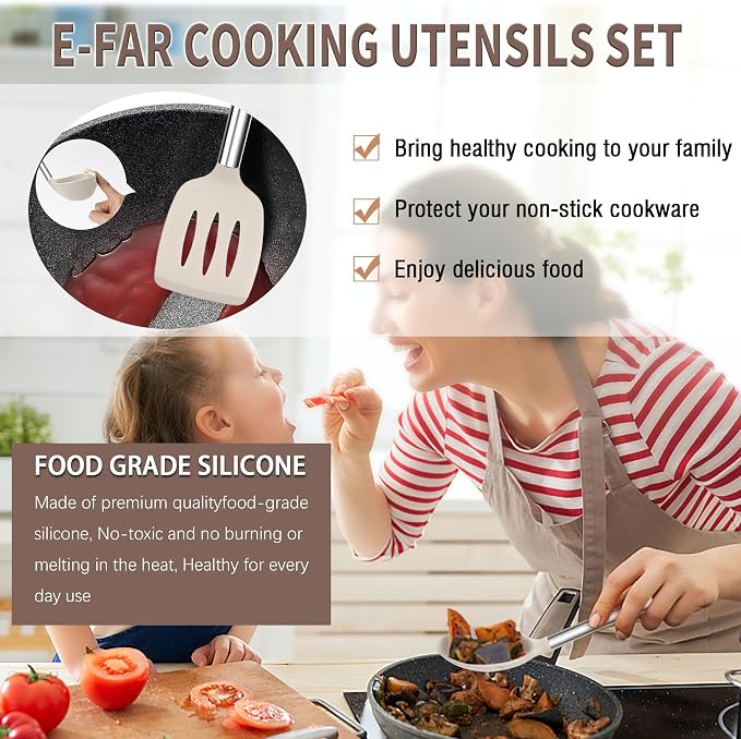 E-far Silicone Cooking Utensils Set, 30 Pcs Heat Resistant Kitchen Utensils with Stainless Steel Handle, Heat Resistant Kitchen Spatulas Turner Tong Spoon Whisk Ladle for Nonstick Cookware, Khaki