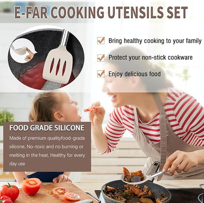 E-far Silicone Cooking Utensils Set, 30 Pcs Heat Resistant Kitchen Utensils with Stainless Steel Handle, Heat Resistant Kitchen Spatulas Turner Tong Spoon Whisk Ladle for Nonstick Cookware, Khaki