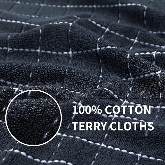 Homaxy 100% Cotton Terry Kitchen Towels(Dark Grey, 13 x 28 inches), Checkered Designed, Soft and Super Absorbent Dish Towels, 12 Pack