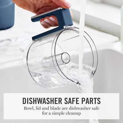 Martha Stewart 3 Cup Electric Food Chopper, Vegetable & Herb Mini Food Processor, 24oz BPA-Free Bowl, Stainless Steel Blades, Pour Spout, Dicing, Mincing, Chop & Puree, Dishwasher Safe, Indigo Blue