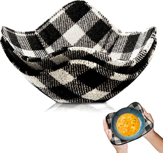 Set of 2 Microwave Bowl Cloth Hot Pads with Black and White in A Cage - Pot Holder or Microwavable Bowl Cozies - Protector for Heat Soup or Food Meals - Multipurpose Heat Resistant Plate Holders