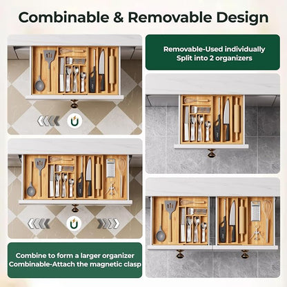 Large Silverware Organizer, 11 Slots Magnetic Connected Expandable Acacia Wood Utensil Drawer Organizer From 21 to 37.4 Inches, Adjustable Flatware and Cutlery Holder, Utensil Tray for Kitchen