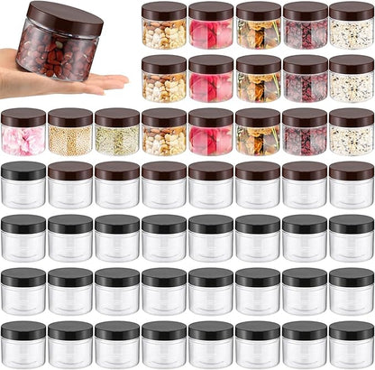 Mifoci 50 Pcs 9.5oz Clear Plastic Jars Containers Wide Mouth Food Storage Jar for Kitchen Dry Food Butter Honey Cosmetics Cream, Black and Brown (3.35''l x 2.56''h)