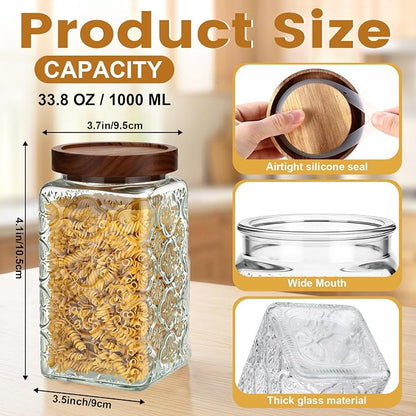 Domensi 6 Pack Vintage Glass Jars with Lids 34 oz with Begonia Pattern Acacia Wood Mason Jar Lids Airtight Pantry Containers for Kitchen Countertop Tea Coffee Spices and Snacks