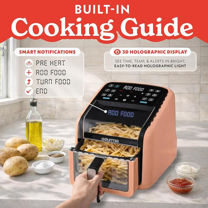 Gourmia Air Fryer 7 QT - Easy View Panorama Window & Interior Light, Guided Cooking with 12 One-Touch Presets, FryForce 360, Dishwasher Safe Accessories, Peach