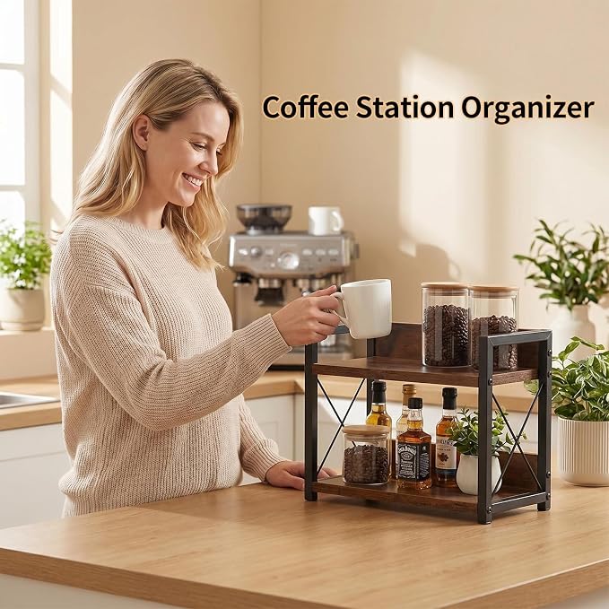 2-Tier Countertop Organizer, Iron-Wood Coffee Station Shelf, Heavy Duty Kitchen Counter Spice Rack for Coffee Bar, Pantry, Bathroom Storage(Brown)