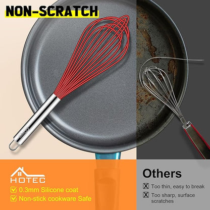 HOTEC 4 Pieces Silicone Whisks Set, Wire Balloon Whisks for cooking Egg Beater, Non-slip Handle Whisk for Non-stick Cookware Perfect for Cooking, Stirring, Beating and Blending,Red