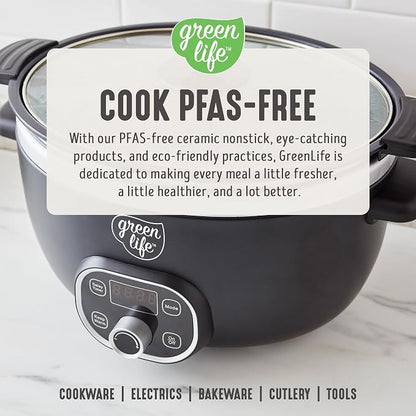 GreenLife 6QT Slow Cooker, Non-Toxic PFAS-Free Ceramic Nonstick Removable Interior Bowl, Programmable, Family Friendly, Keep Warm, Stovetop & Oven Safe, Dishwasher Safe Crock, Timer, Glass Lid, Black