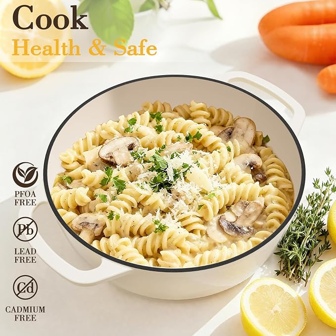 Umite Chef 6QT Enameled Cast Iron Dutch Oven with Lid, Versatile Heavy-Duty Cookware Pot for Baking Bread, Braising, Soups & Stews, Oven & Stovetop Safe with Heat Resistant Gloves（Cream White）
