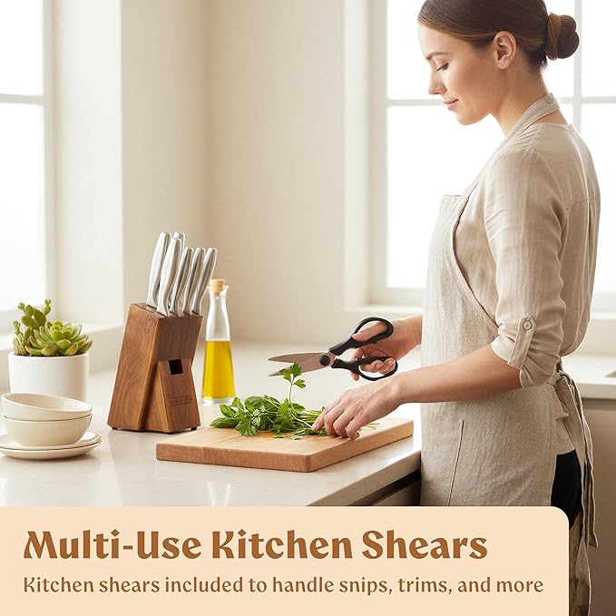 EDELHAUS Knife Set with Block, 9 pcs Kitchen Knife Block Set | Professional Knife Block with Sharpener & Scissors, Stainless Steel Kitchen Knife Set with Acacia Wood Block & Steel Handles