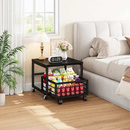HOOBRO End Table, Mini Fridge Stand with Storage, Mini Fridge Table with Wheels and Adjustable Feet, Sturdy Metal Frame, for Living Room, Bedroom, Office, Black BB155TL01